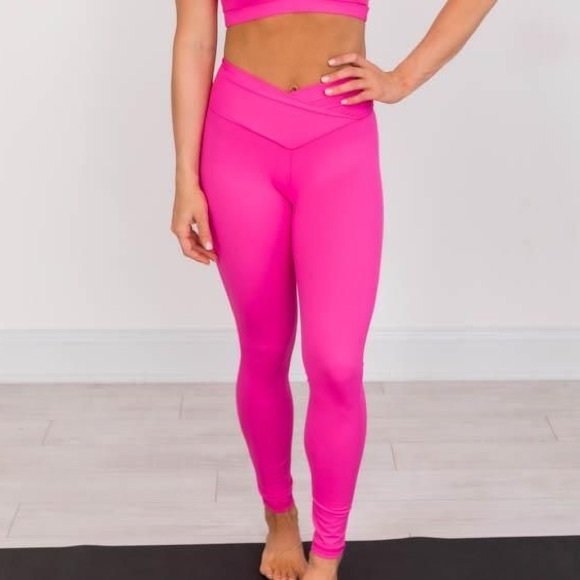 Pink Lily Pants - Pink Lily Cross Over Neon Sonic Pink Women's Leggings